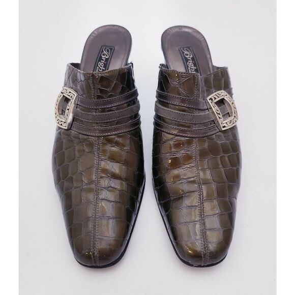 Brighton Tudor Olive Green Patent Leather Mules Shoes Size 7.5 M Slip On - Picture 2 of 4